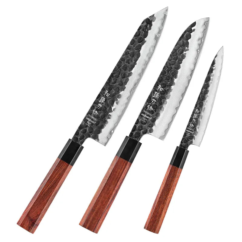 Retro Series 4PC Kitchen Knife Set - Chef Utility Stainless Steel - Santoku Nakiri - High-Quality Rosewood Handle