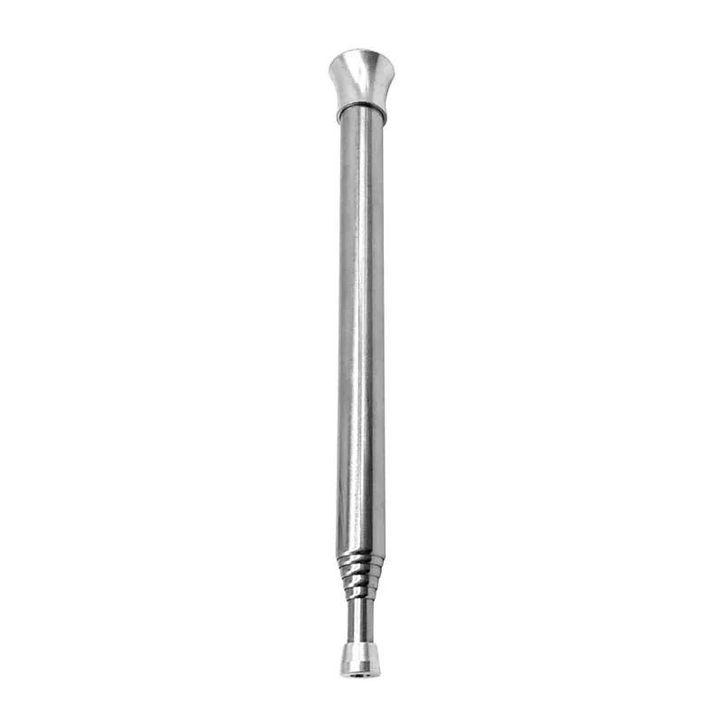 A sturdy silver telescopic campfire blow pipe made from durable stainless steel with six retractable sections for safety and efficiency in outdoor cooking, BBQ, picnics or emergency situations. The compact, portable BBQ tool measures 63.5 x 1.6 x 1.6 cm and facilitates easy oxygen supply into the fire for quick and efficient lighting. Great for camping, backyard barbecues, and disaster prevention supplies.