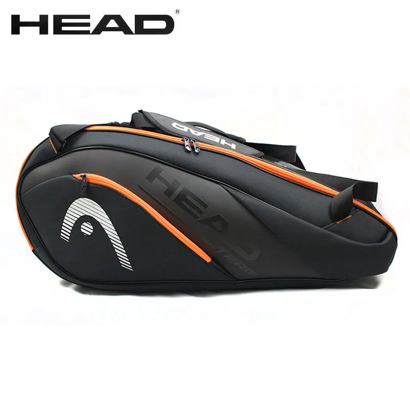 A spacious and durable tennis bag by Cloud Discoveries, ideal for carrying 6-9 rackets and sports gear, in vibrant orange and black colors.