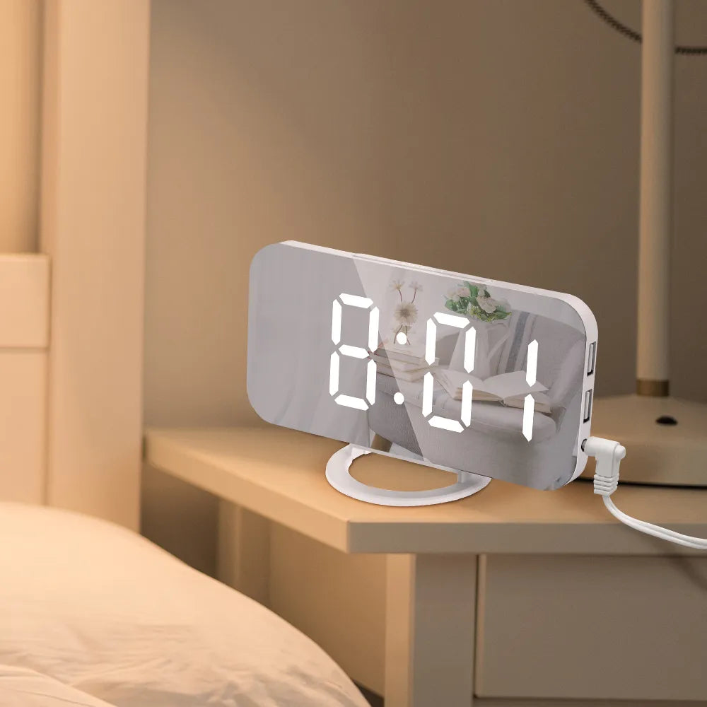 Cloud Discoveries LED Mirror Alarm Clock - Sleek and Modern Digital Table Clock with USB Charging Ports