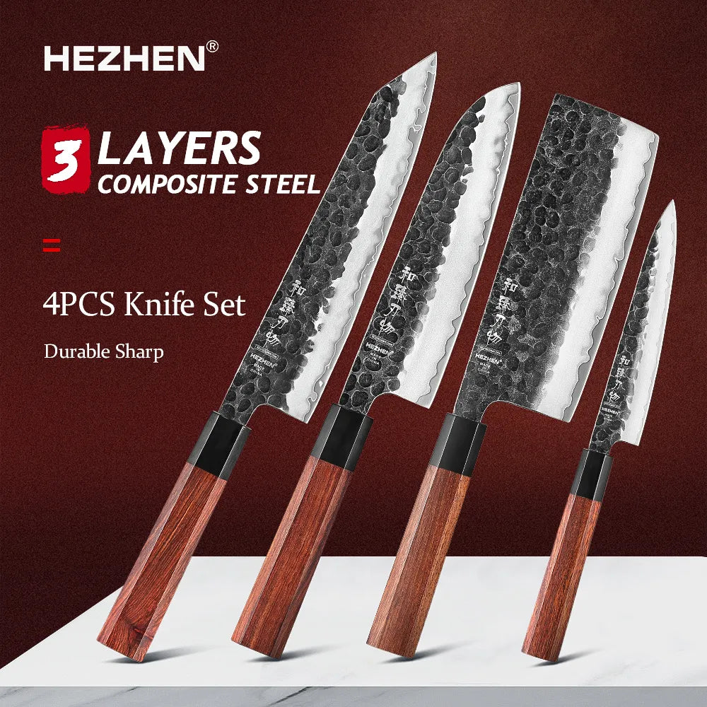 1-4PC Kitchen Knife Set Chef Utility Stainless Steel 3 Layers Composite Steel Santoku Nakiri Kitchen Accessories - Retro Series 4PC Kitchen Knife Set - High-quality knives for your culinary needs.