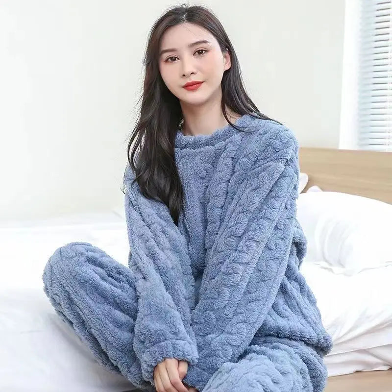 Women Velvet Pajama Set Fleecing Warm Loose Top And Elastic Waist Pants Home Casual Warm Woolen Suit