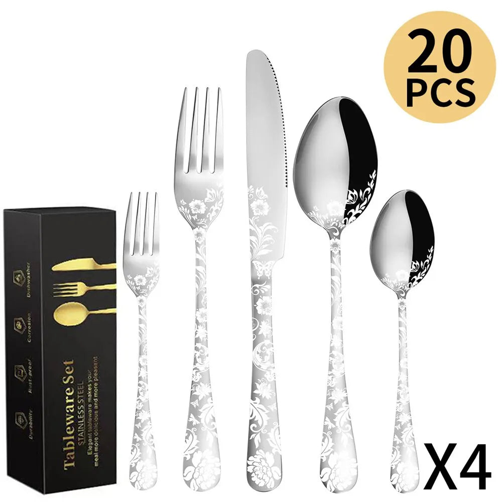 Stainless Steel 20pc Dining Cutlery Set - Cloud Discoveries Steak Knife, Fork, Spoon Kit