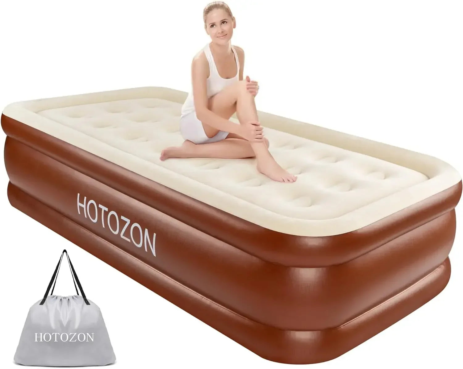 A sleek and durable luxury Queen size inflatable mattress in black color with a built-in electric pump for easy and rapid inflation, standing 18 inches tall with dimensions of 80"L x 60"W. Ensures maximum comfort with a puncture-resistant design and total weight limit of 660 pounds, suitable for all body types and sleeping positions. Package includes a user manual, a genuine repair patch, and a pump, making it an ideal sleeping essential for use anywhere from home to camping.