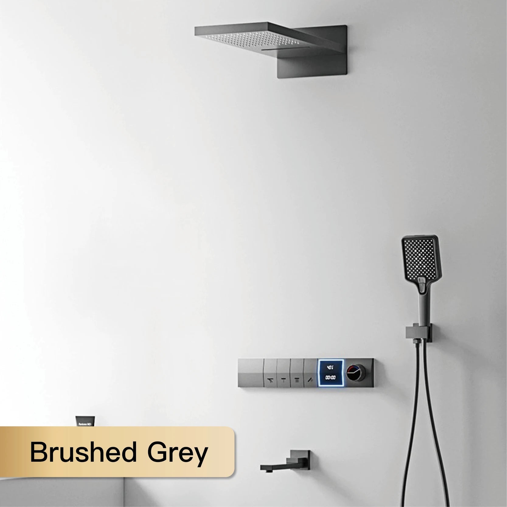 Deluxe Gun Gray Brass Shower System with Smart LED, Dual-Control, 4-Function Hot & Cold Tap