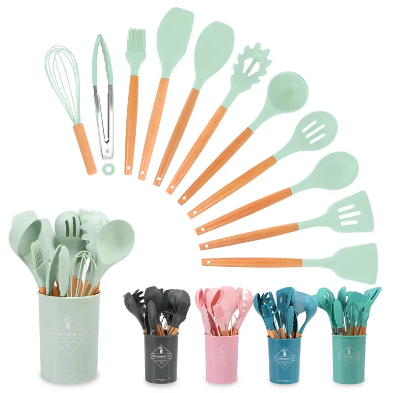Cloud Discoveries Silicone Kitchen Utensils Set - Durable and Non-Stick Cooking Tools with Wooden Handles