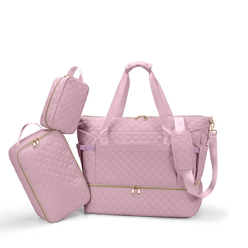 A fashionable mother wearing the 3-piece baby diaper bag set, including a large maternity backpack, compact mom shoulder bag, and an outdoor changing bag. Made from durable polyester, these bags are perfect for mothers on-the-go, offering ample storage for baby essentials while maintaining a stylish, contemporary look. Whether travelling or just out for the day, these lightweight bags are a must-have for any fashion-forward mom during her maternity period.
