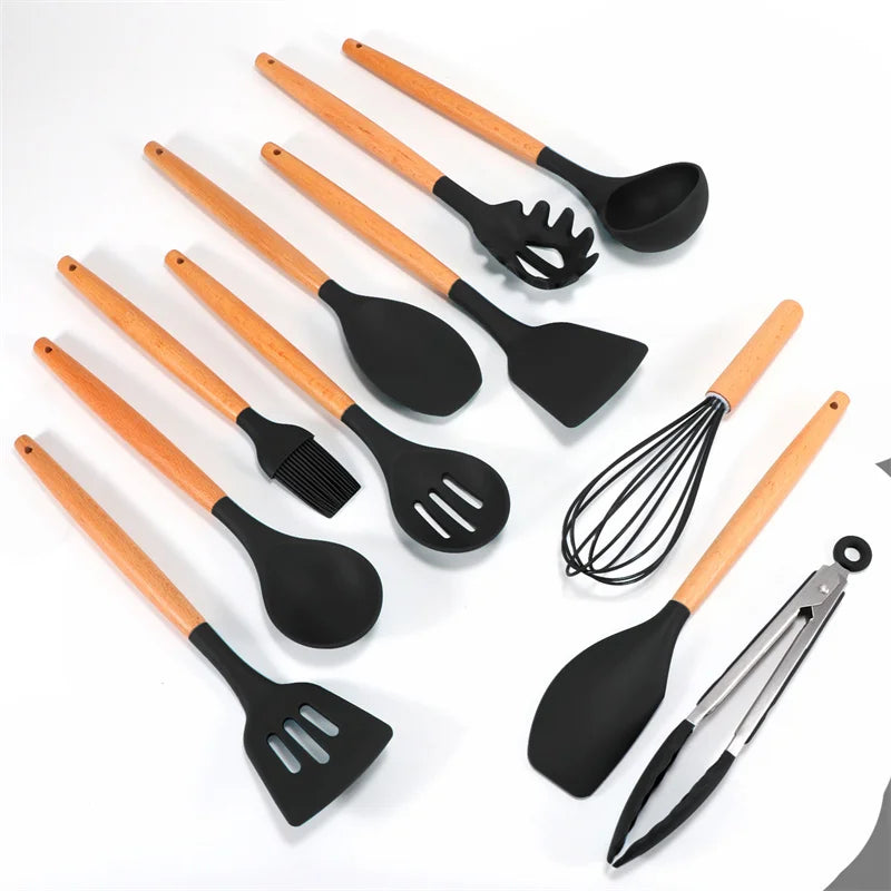 Cloud Discoveries Silicone Kitchen Utensils Set - Durable and Non-Stick Cooking Tools with Wooden Handles