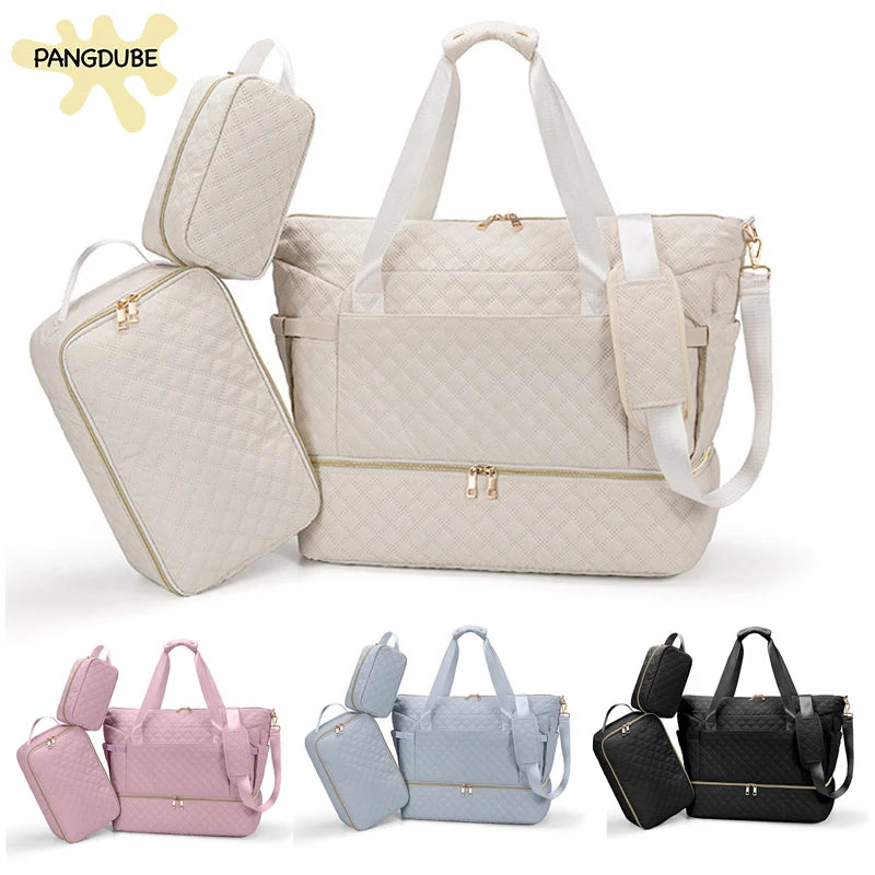 A fashionable mother wearing the 3-piece baby diaper bag set, including a large maternity backpack, compact mom shoulder bag, and an outdoor changing bag. Made from durable polyester, these bags are perfect for mothers on-the-go, offering ample storage for baby essentials while maintaining a stylish, contemporary look. Whether travelling or just out for the day, these lightweight bags are a must-have for any fashion-forward mom during her maternity period.