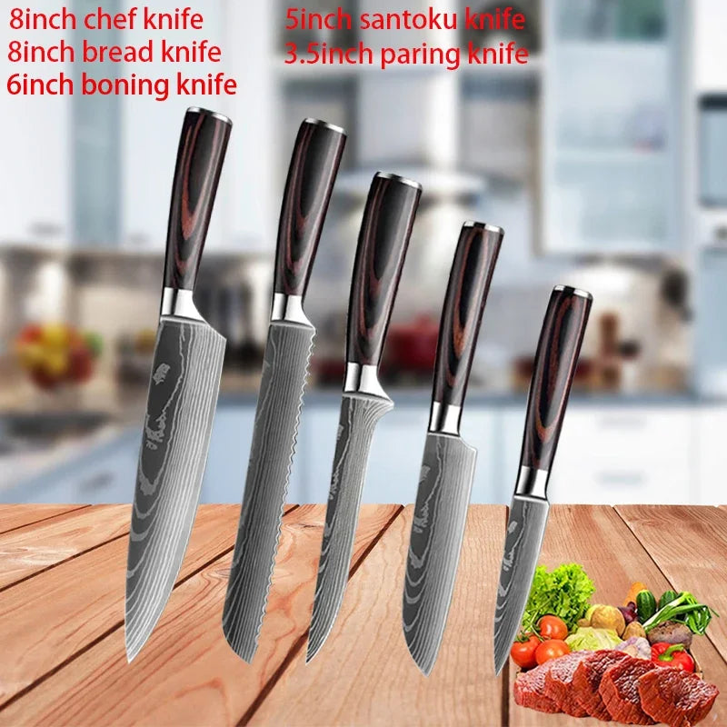 7CR17 440C Laser Damascus Chef Knife Set - Culinary Precision at Its Finest