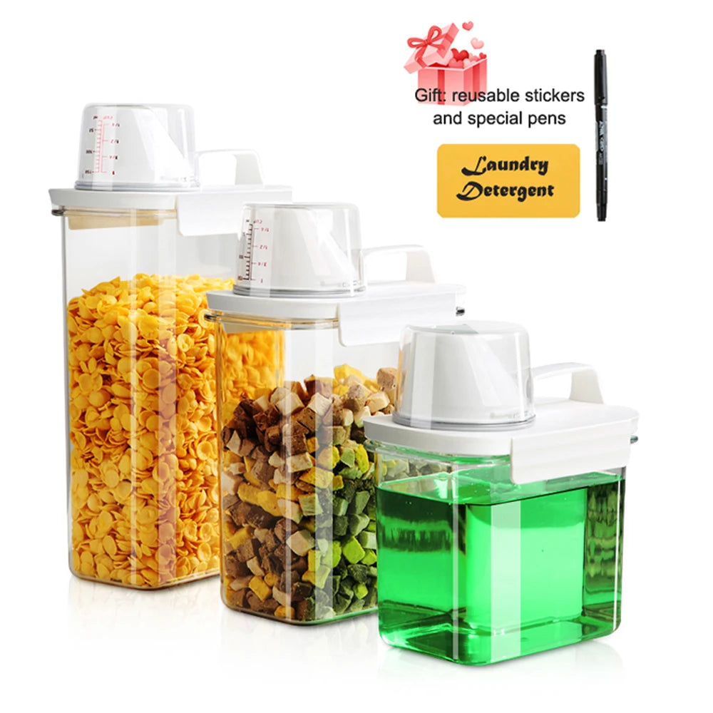Cloud Discoveries Laundry Powder Dispenser & Pet Food Storage Container - Airtight Plastic Jar with Measuring Cup, Compact and Stackable Design for Organizing Laundry Essentials and Pet Care Supplies in Sleek Plastic Container