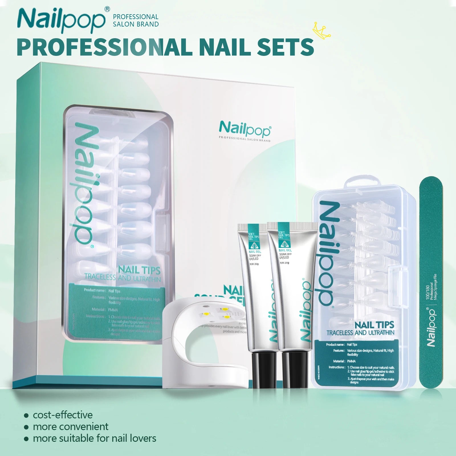 Product image showing Nailpop Nail Extension Kit with UV Lamp, including 600 pieces of Nail Tips, 2 Soft nail gel tubes, 1 UV Lamp, and 1 Nail File, suitable for Almond, Coffin, Square, and Stiletto nail shapes, ideal for acrylic nail extension and DIY nail art manicures.