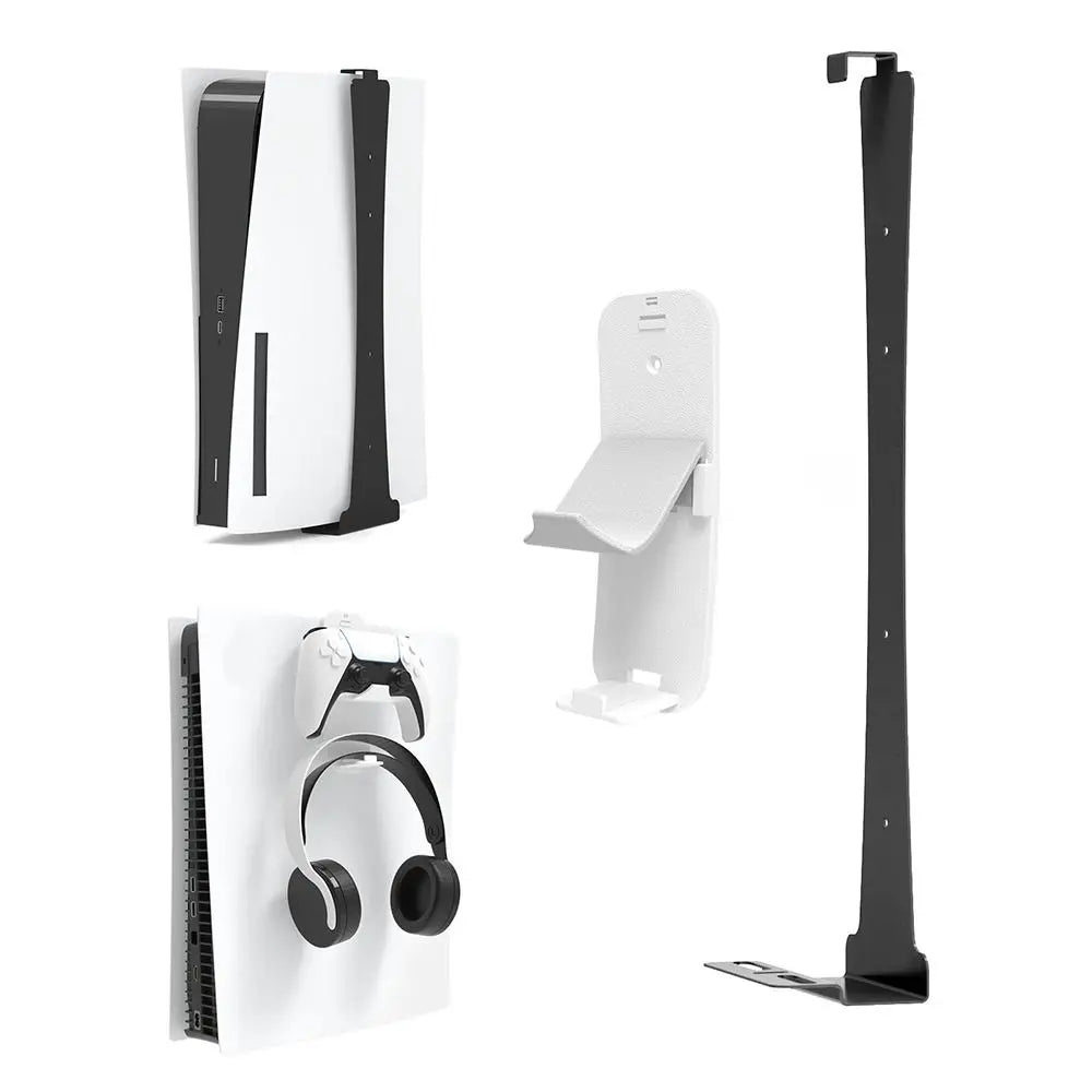 A black and white wall mount bracket designed for PS5, PS4, NS Switch, and Xbox gamepads, featuring a headphone stand for various gaming headsets. The compact design, measuring approximately 11.2x7.1x41.7 cm, is made from high-grade ABS material ensuring durability and resistance to rust and wear. Its dual installation option uses screws or self-adhesive tape and can save valuable desk space while protecting and organizing gaming equipment. The package includes a bracket and headphone stand.