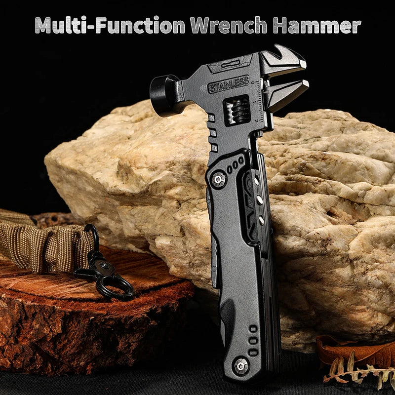 A sturdy and multi-functional outdoor survival tool featuring a wrench, hammer, knife, and pliers sitting on a wooden table. The tool is made of high-quality stainless steel and has a compact and lightweight design, perfect for camping, hiking, fishing, and DIY tasks. Ideal for those who love adventure or need a versatile tool for home improvement projects.
