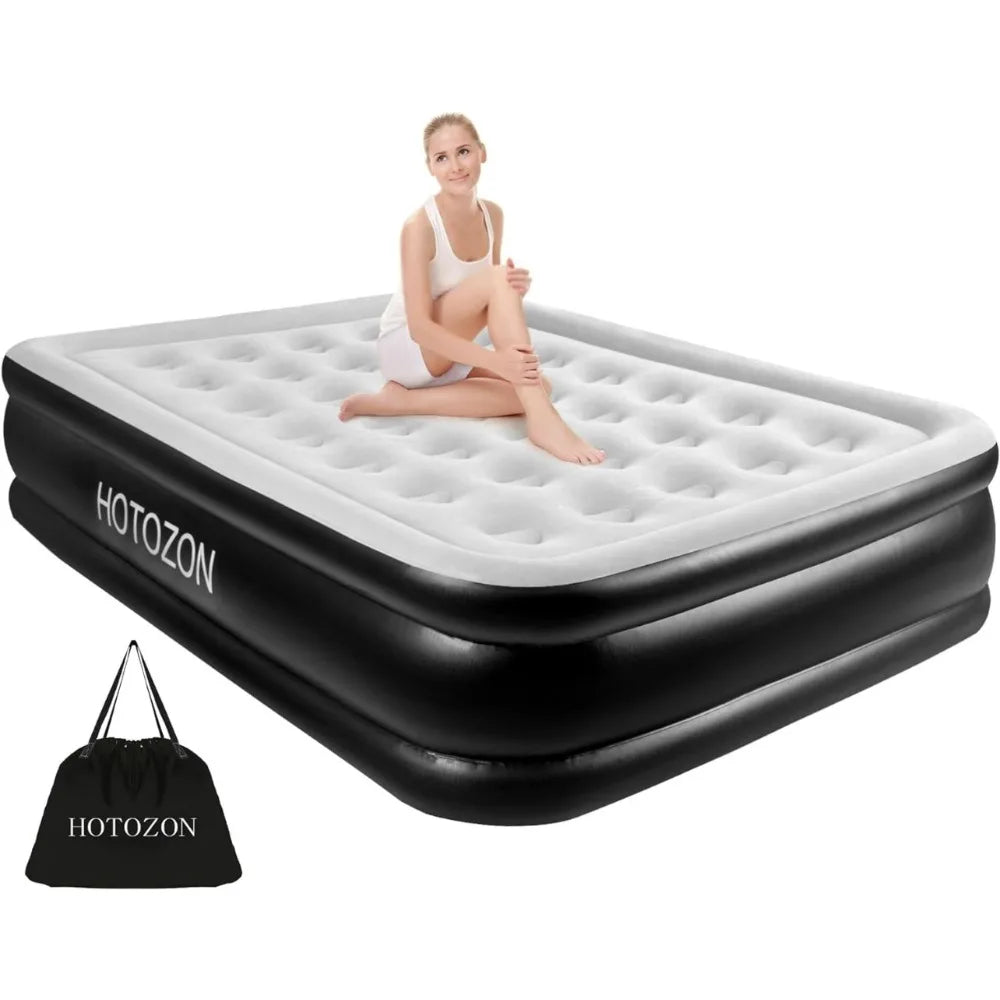 A sleek and durable luxury Queen size inflatable mattress in black color with a built-in electric pump for easy and rapid inflation, standing 18 inches tall with dimensions of 80"L x 60"W. Ensures maximum comfort with a puncture-resistant design and total weight limit of 660 pounds, suitable for all body types and sleeping positions. Package includes a user manual, a genuine repair patch, and a pump, making it an ideal sleeping essential for use anywhere from home to camping.
