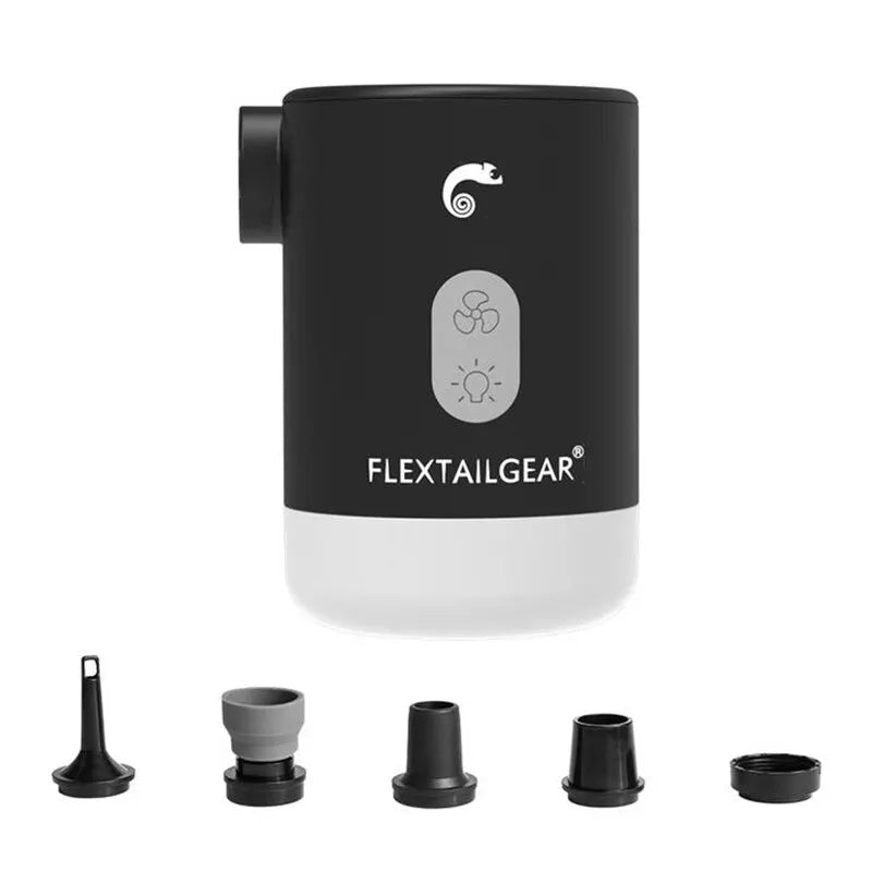 A portable, compact, and lightweight FLEXTAILGEAR Max Pump 2 Pro illuminating air inflator with USB recharging feature for easy inflation of camping gear and recreational equipment. Ideal for outdoor activities and camping trips, thanks to its multi-functional design, this air pump is an invaluable addition to outdoor gear.