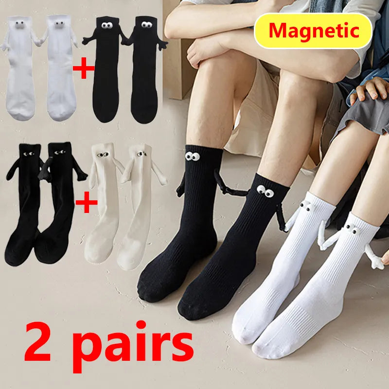 Cloud Harmony Couple Cotton Sock Set - Magnetic Connection - Hand-in-Hand Design - Unisex Long Socks in Black and White - Cloud Discoveries