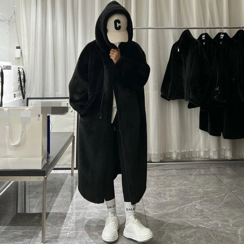 Winter Long Oversized Warm Thick Blue White Fluffy Faux Fur Coat Women with Hood  Loose Casual Korean Style Fashion - Stay Warm and Stylish in This Winter Essential