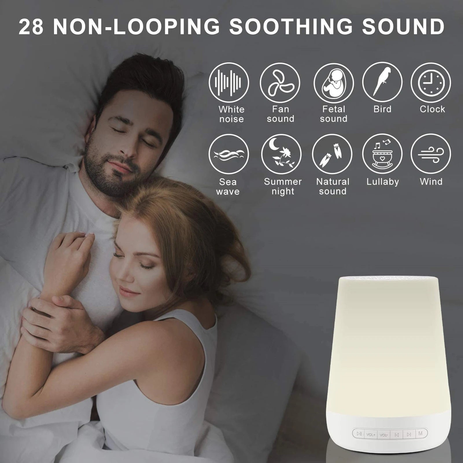 A compact and portable sleep sound machine in elegant white color, designed to aid in deep sleep for babies and adults. Features 28 soothing sounds including white noise, bird sounds, and ocean waves, as well as a rechargeable lithium battery for long operation time. Also includes a multi-color night light with adjustable brightness suitable for night-time feedings. Has customization options like a timer and volume control, and a 3.5mm headphone jack for personal use in noisy environments.