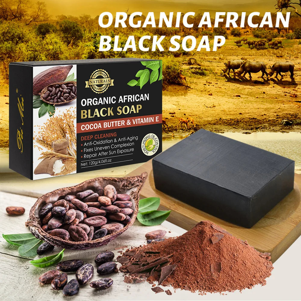 Organic African Black Soap with Vitamin E & Bamboo Charcoal - Handmade Cleansing Bar for Skin Whitening, Moisturizing, and Deep Cleaning - 120g - Cloud Discoveries