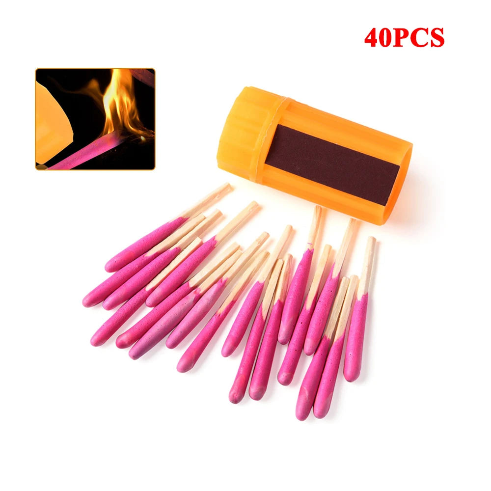 A set of 40 Windproof, Waterproof Outdoor Matches neatly packed in a compact travel-friendly barrel with a striking surface on the exterior. These robust matches, ideal for camping, hiking and survival scenarios, can be ignited even in harsh weather conditions.