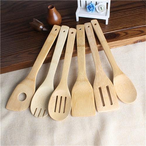 6 Pieces Bamboo Spoon Spatula, Kitchen Utensil Wooden Cooking Tool, Mixing Set, CloudDiscoveries.com