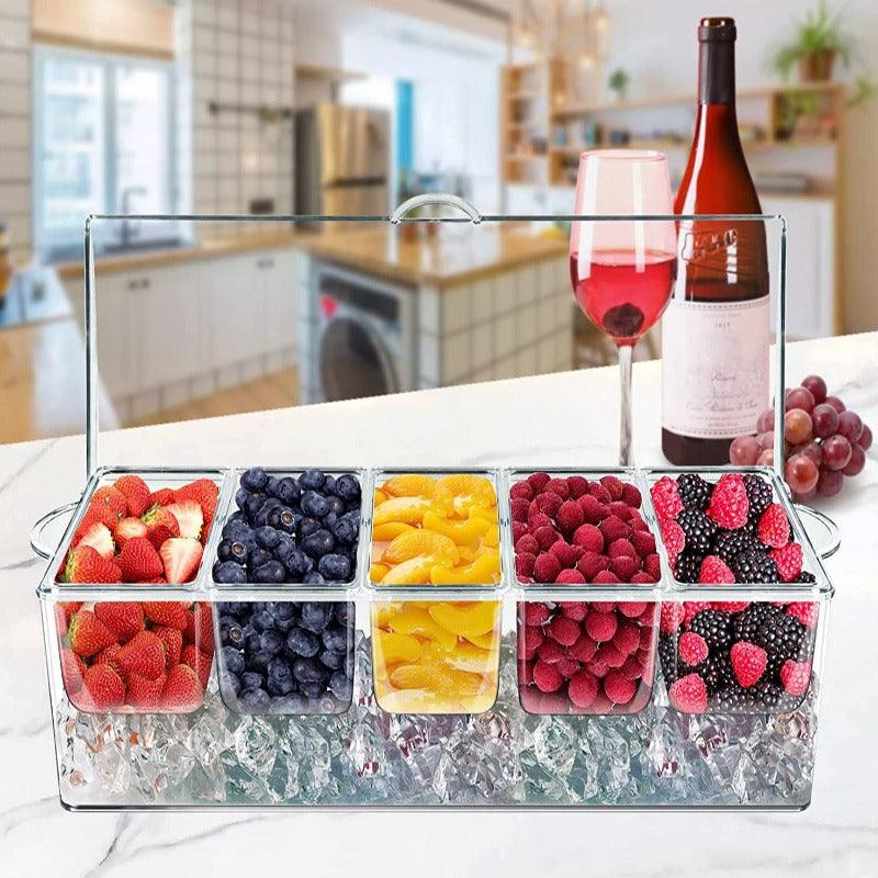Transparent Condiment Server On Ice, Chilled Caddy with 5 Removable Compartments, Chilled Serving Tray Container with Hinged Lid, ice tray, clouddiscoveries.com