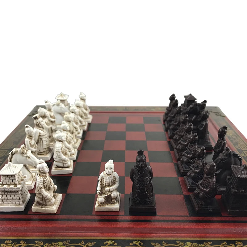 Terracotta Warriors Chess Set, 26cm Wood Carved Resin, Vintage Collection, Premium Birthday Christmas Gift