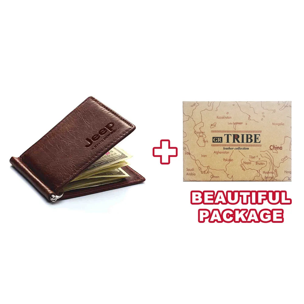 A stylish, sleek, and compact Top-Brand Genuine Leather Slim Men's Wallet with Money Clip that fits perfectly in your pocket. This high-quality, bifold wallet, made from 100% genuine leather, promises durability and timeless elegance while organizing your bills, cards, and IDs neatly. The wallet features a sturdy money clip for keeping your cash secure, and the slim design ensures that it doesn't bulge out.