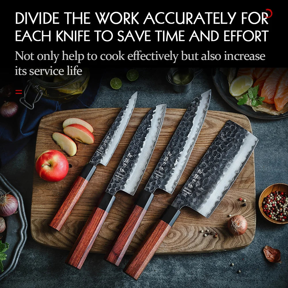 Retro Series 4PC Kitchen Knife Set - Chef Utility Stainless Steel - Santoku Nakiri - High-Quality Rosewood Handle