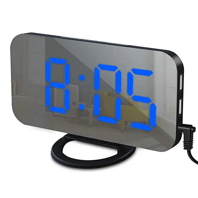 LED Mirror Digital Alarm Clock with USB Charging Ports