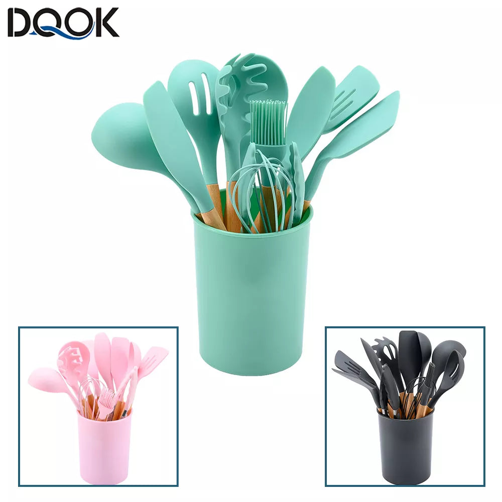 Cloud Discoveries Silicone Kitchenware Cooking Utensils Set - Eco-Friendly Non-Stick Utensils with Wooden Handles