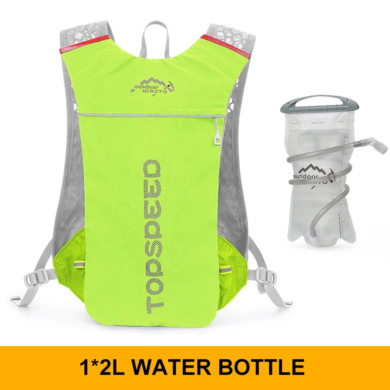 An athletic person running on a trail, equipped with the Ultra-Light 5L Trail Running Hydration Vest. The hydration vest appears lightweight and snugly fitted with adjustable chest straps, showcasing its 5L capacity and convenient pockets. The vest holds a 1.5L-2L water bag, illustrating its promise of hydration for endurance sports. The sleek design of the vest does not hinder the person's movements, implying its beneficial impact on performance