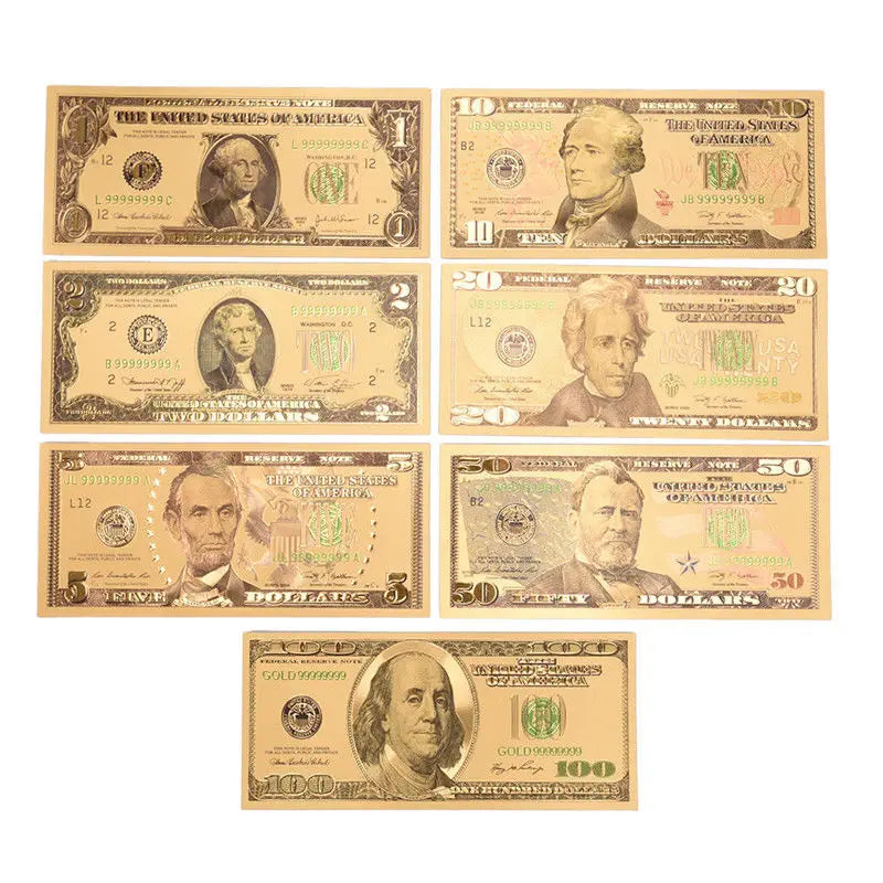 A luxurious image displaying a seven-piece set of meticulously crafted gold plated US dollar banknotes. Each one is a stately representation of the US dollar currency, layered with intricate detailing and exquisite gold leaf embellishments. This assortment of prestigious collectibles is an ideal addition to any numismatist's collection, or a refined decorative accent to a living room, study, or office, adding an air of elegance and sophistication. 