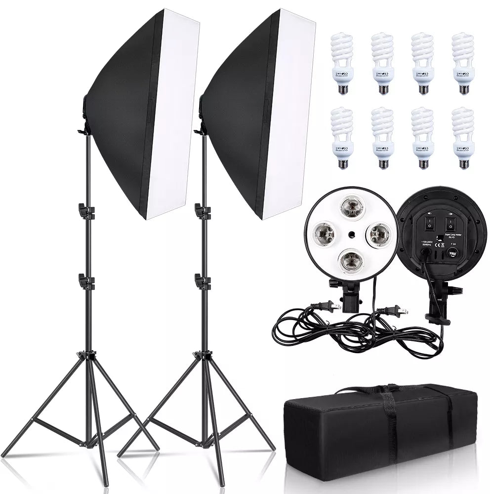 A robust quad-lamp softbox lighting kit with adjustable tripod, perfect for studio shoots. It features high-reflective polyethylene reflector particles for excellent brightness. The set includes large softboxes of 50x70CM, providing balanced light distribution. The easy-to-replace E27 base lamp holder and universal adapter plug render it suitable for global use. 