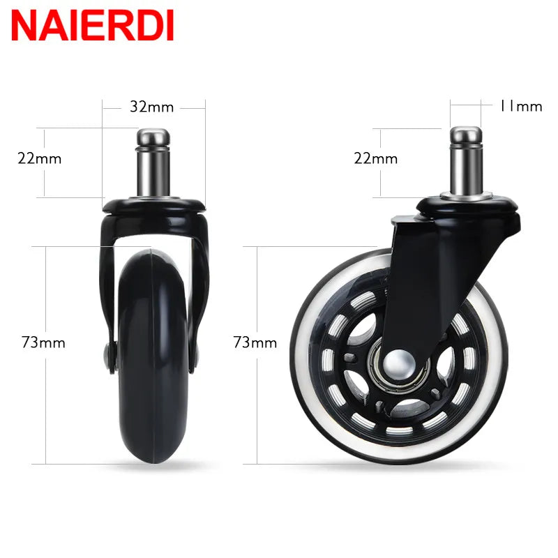 5PCS Office Chair Caster Wheels - 3 Inch Swivel Rubber Rollers