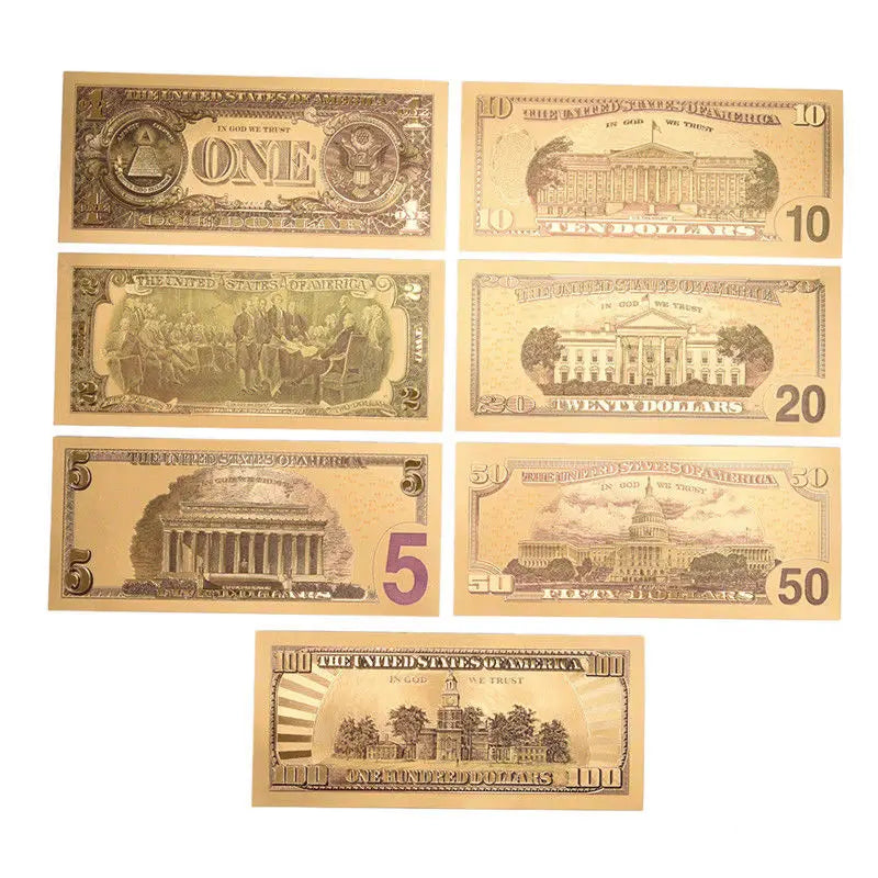 A luxurious image displaying a seven-piece set of meticulously crafted gold plated US dollar banknotes. Each one is a stately representation of the US dollar currency, layered with intricate detailing and exquisite gold leaf embellishments. This assortment of prestigious collectibles is an ideal addition to any numismatist's collection, or a refined decorative accent to a living room, study, or office, adding an air of elegance and sophistication. 