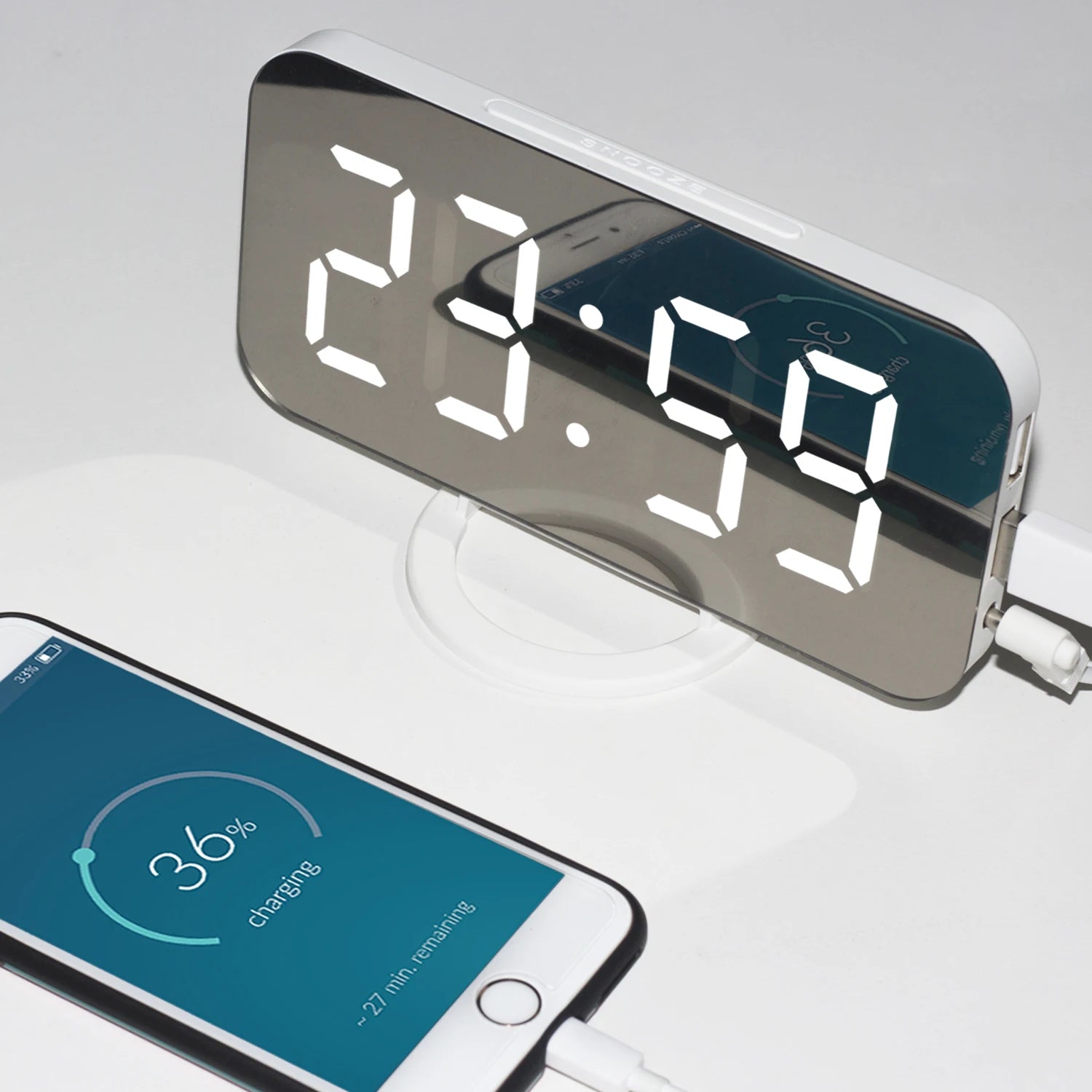 LED Mirror Digital Alarm Clock with USB Charging Ports