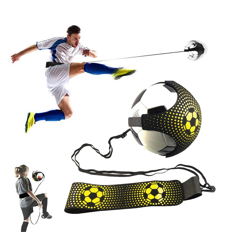 An image of a Kids Soccer Trainer Ball Juggle Bag with an Auxiliary Training Belt, a perfect football training tool that offers improved game skills and boosts confidence. Shows a durable and adjustable belt that allows comfortable and secure usage. Also portrays the trainer effectively circling the soccer ball for a more focused and challenging practice, ideally suited for both beginner and intermediate players