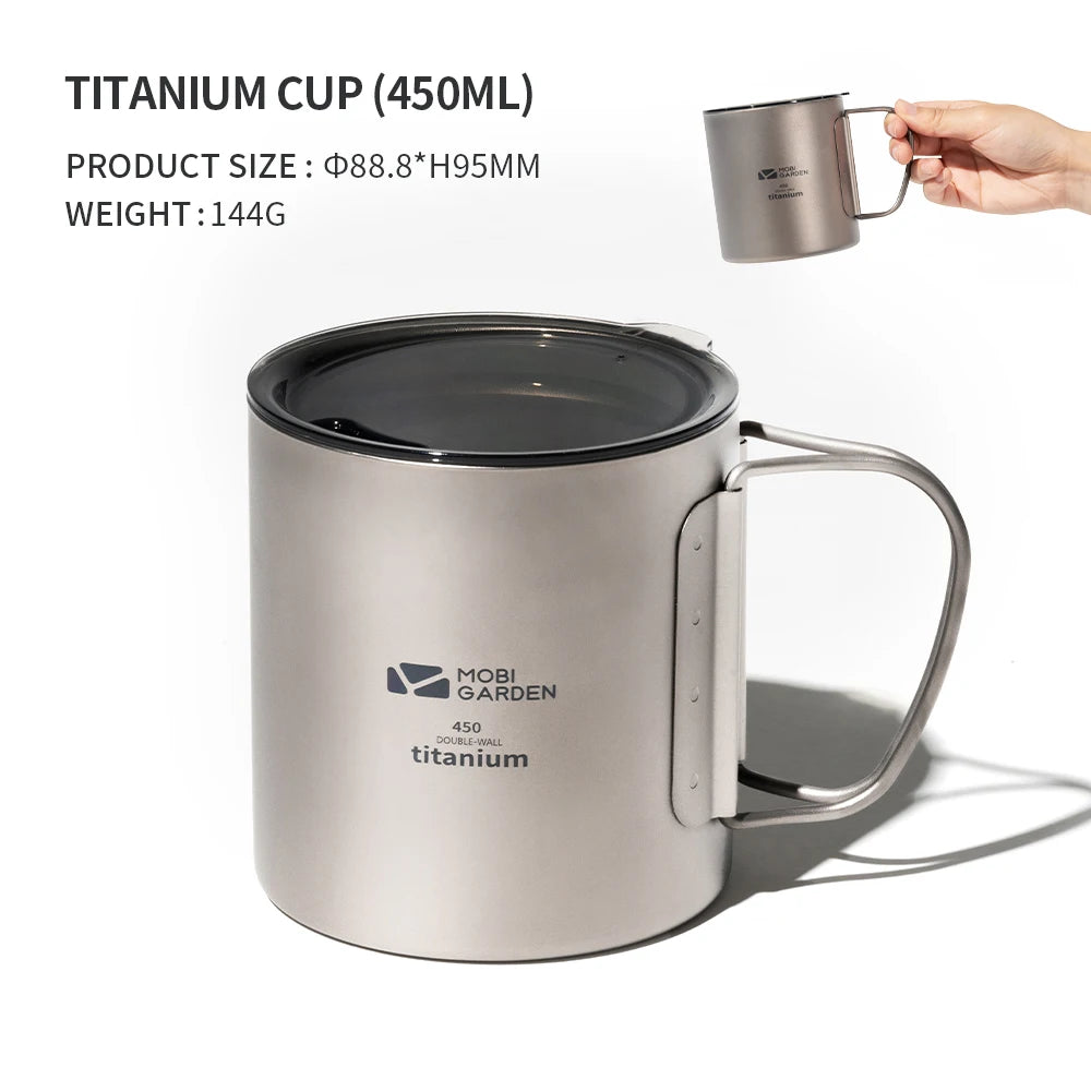 A durable and trendy MOBI GARDEN Camping Titanium Cup, perfect for any outdoor adventure like hiking, trekking or camping. This lightweight and portable cup has a volume capacity of 300L or 450ML, and is made from rust-resistant titanium. Ideal for serving both hot coffee and cold water, this outdoor essential is a reliable companion, meeting your hydration needs while exploring the wilderness.