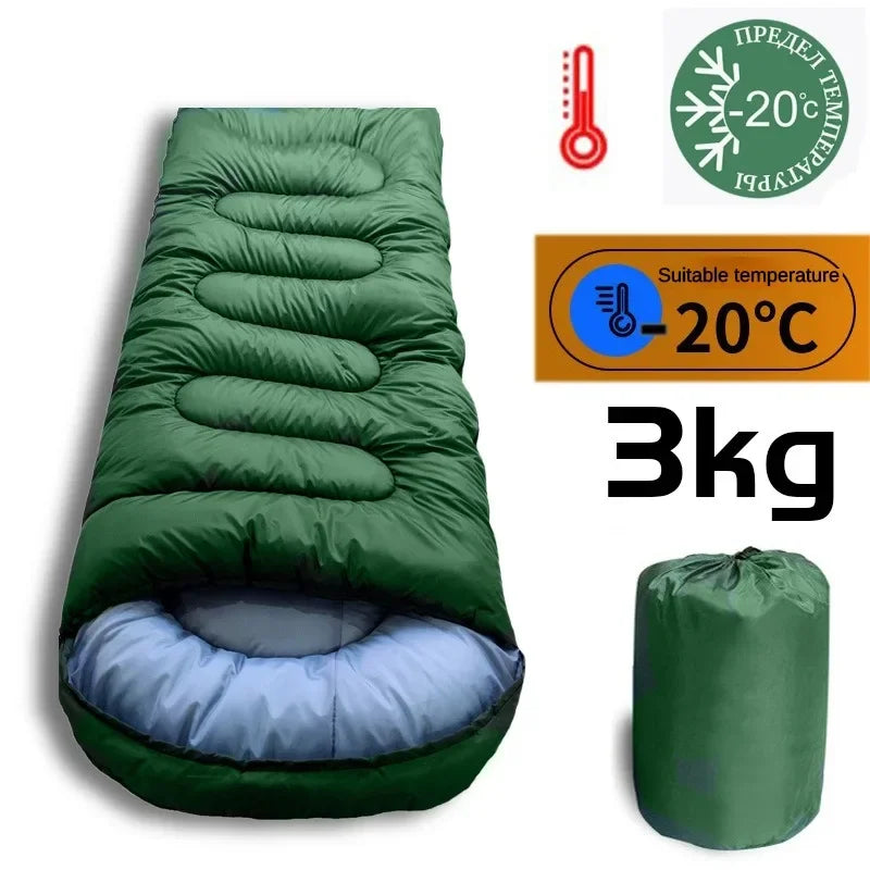 A person cozily nestled inside the Cloud Discoveries Winter Sleeping Bag, ideally crafted for cold-proofing and waterproofing, in a snowy camping setting. This durable, 3.5kg heavy-duty outdoor bag could withstand extreme winter temperatures of -15℃ to -25℃, ensuring warm, dry comfort amid the wilderness. Perfect for mountaineering, hunting, ice-fishing or any winter outdoor activities.