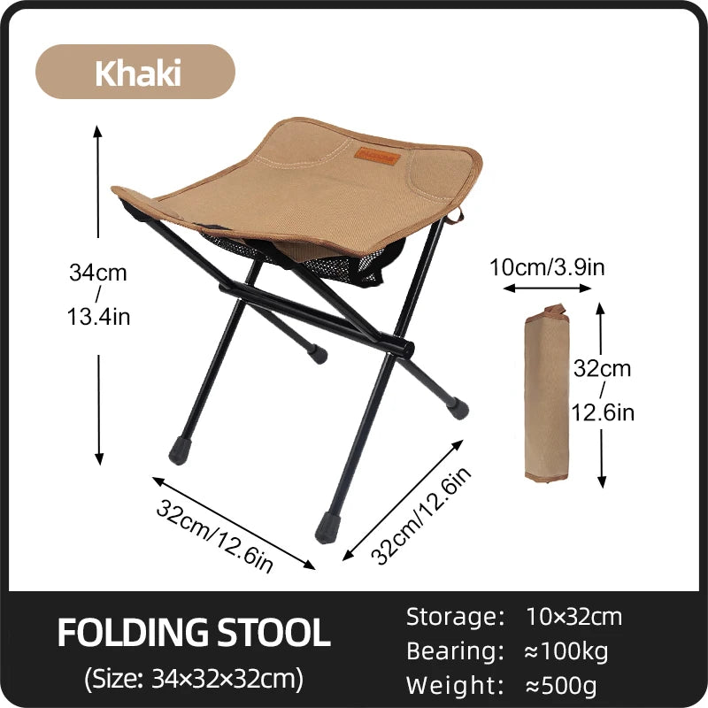A folded, portable camping stool in vibrant colours, made from high-grade aluminium alloy for durability and lightweight. Perfect for outdoor activities like fishing, picnic, hiking or just lounging in the backyard. Easy to carry and store in any backpack, inviting outdoor enthusiasts to bring comfort anywhere.