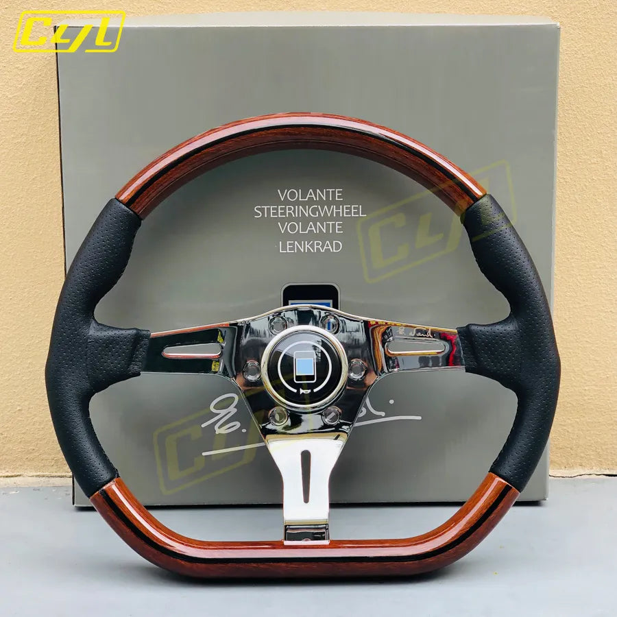 Wood Look Racing Steering Wheel - Classic D Shape Design, Universal Fit