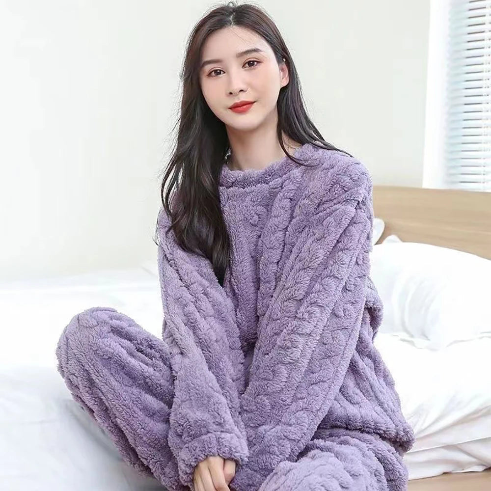 Women's Velvet Pajama Set - Fleecing Warm Loose Top And Elastic Waist Pants - Home Casual Warm Woolen Suit