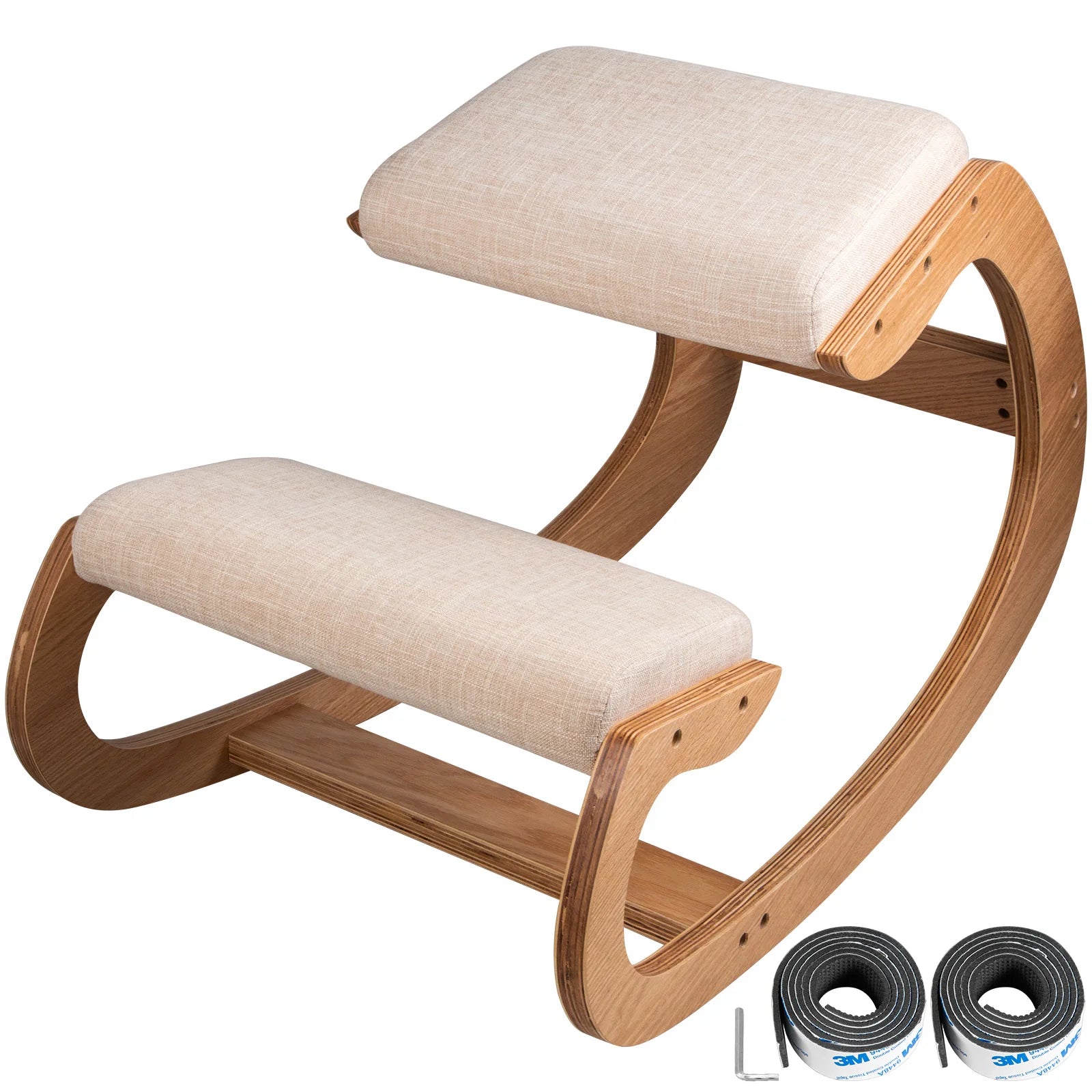 An ergonomic kneeling chair made of wood designed to support efficient postures and counteract the adverse effects of prolonged sitting. The chair lacks handrails and wheels, providing spaciousness and stability. Its large aimed to encourage correct posture and reduce back pain, knee cushion for adequate knee rest and controlled movement. Ideal for commercial use and improving workspace health and productivity.