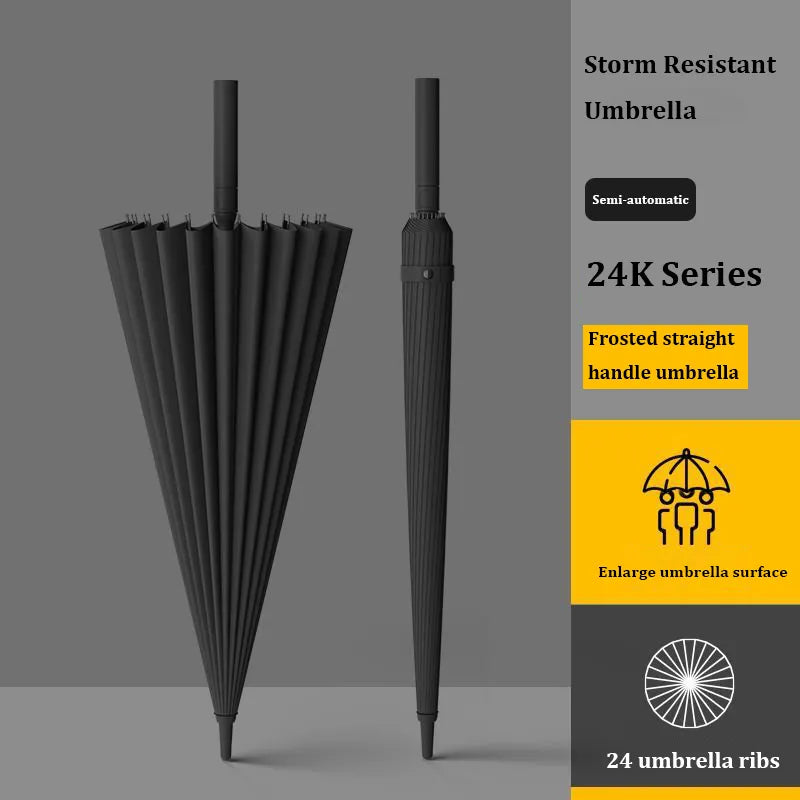 A stylish long handle business umbrella equipped with robust 24 ribs structure ensuring high durability and wind resistance, along with automatic opening feature for convenient use. Serves as a chic female parasol, making it an essential accessory for both men and women to shield against adverse weather conditions.