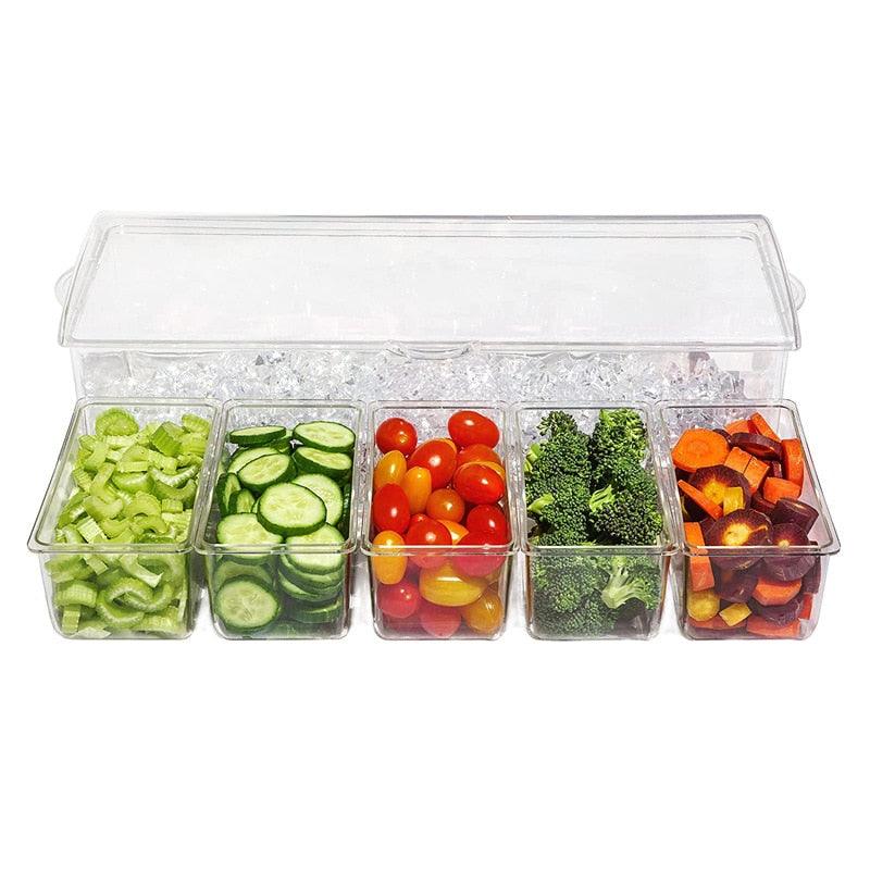 Transparent Condiment Server On Ice, Chilled Caddy with 5 Removable Compartments, Chilled Serving Tray Container with Hinged Lid, ice tray, clouddiscoveries.com