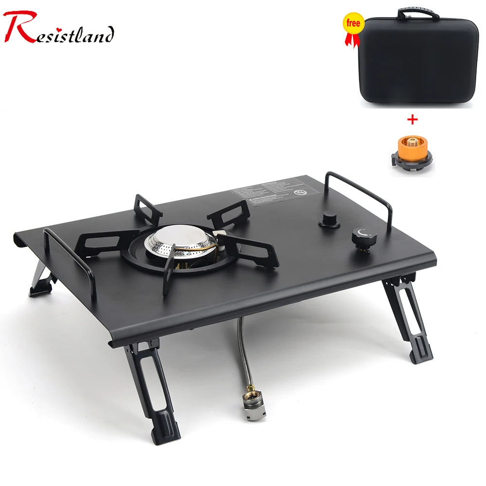 Portable IGT Wood Camping Table with Removable Gas Stove and BBQ Grill