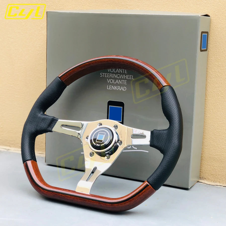 Wood Look Racing Steering Wheel - Classic D Shape Design, Universal Fit