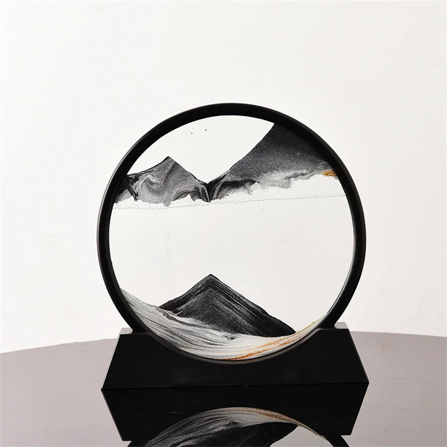 A captivating 7-inch round moving sand art frame, perfect for creative home decor.